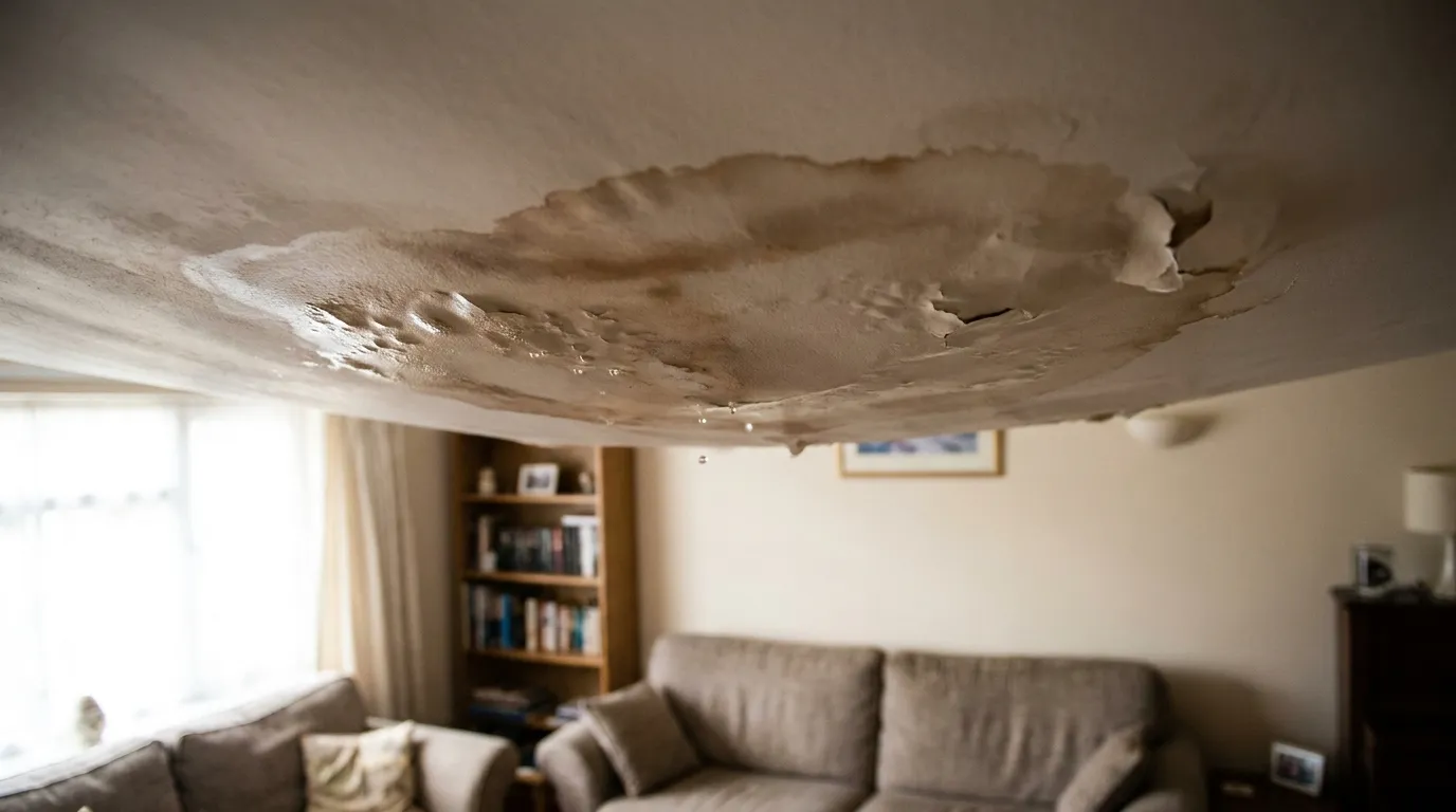 Realistic visualization representing ceiling bubble full of water how to fix