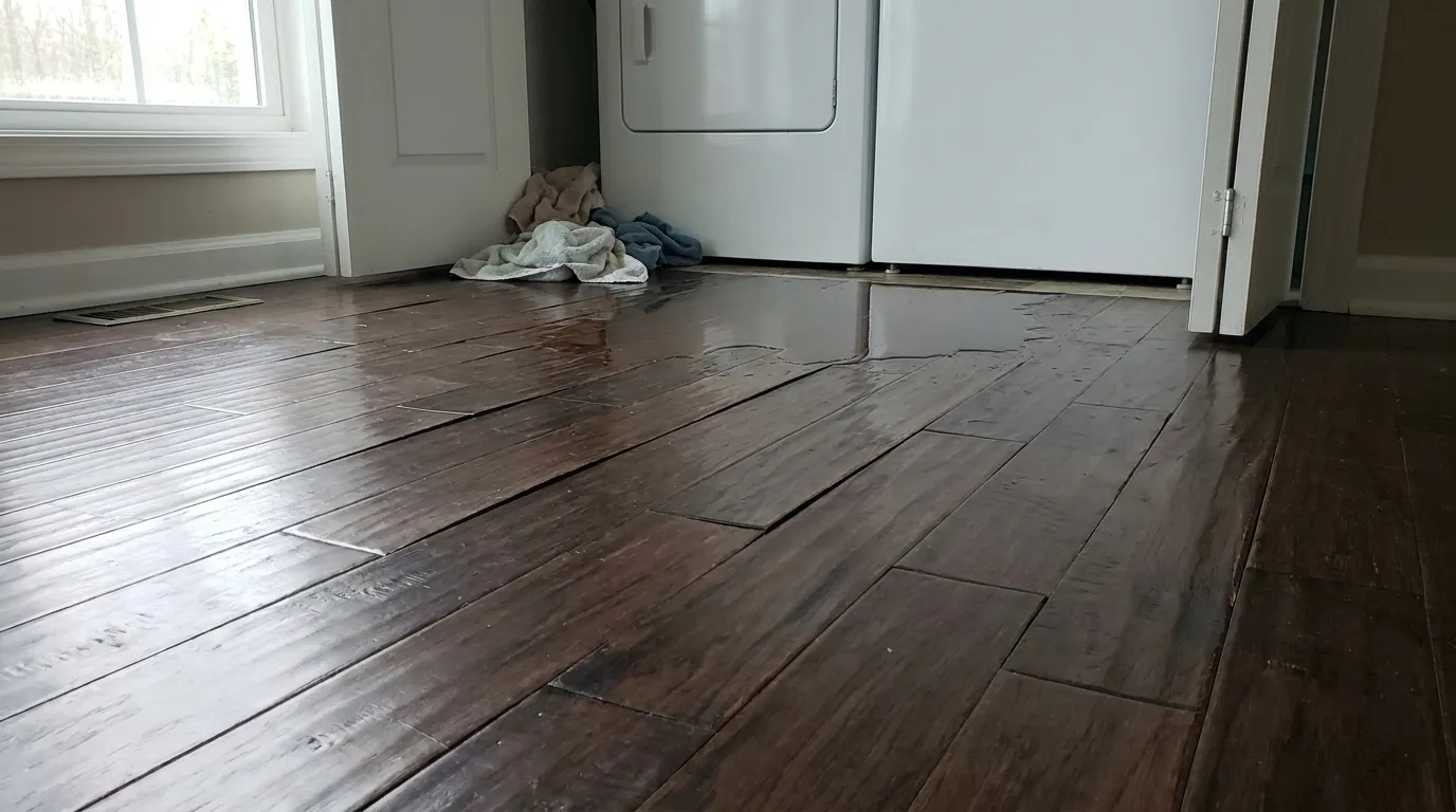 Realistic visualization representing hardwood floor cupping after water leak