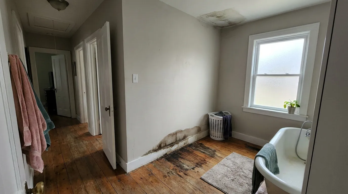 Realistic visualization representing musty smell after water leak in bathroom