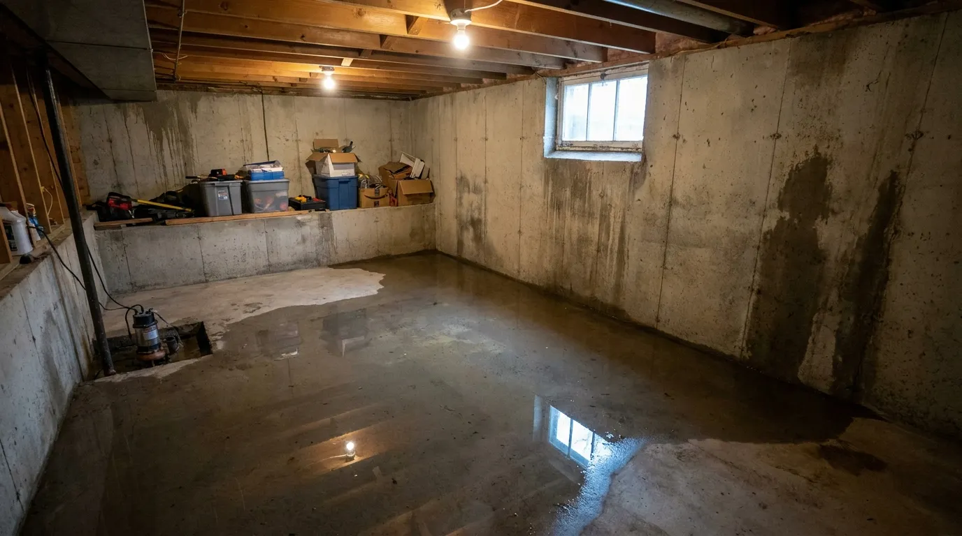 Realistic visualization representing sump pump failed basement flooding symptoms